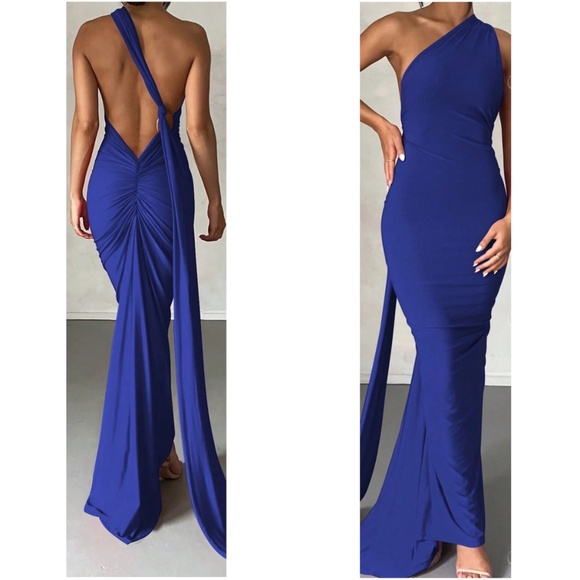 Luxe Backless Asymmetrical Neck Bodycon Party Formal Dress - Picture 5 of 8